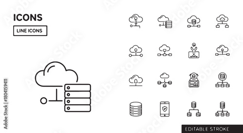 Set of cloud computing line icons vector data storage and network elements isolated on white backgro