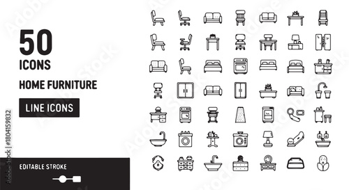 Set of home furniture line icons simple vector symbols for interior design isolated on white backgro