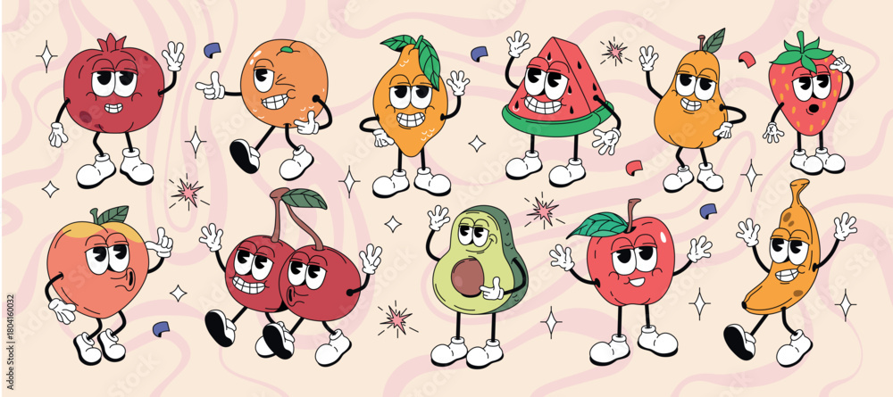 Fototapeta premium Vector set of groovy hippie fruit characters in retro style. Cartoon cute summer stickers, funky comic doodle cherry, lemon, strawberry, avocado, banana, peach, watermelon, pear with expressive faces.