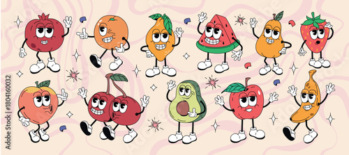 Vector set of groovy hippie fruit characters in retro style. Cartoon cute summer stickers, funky comic doodle cherry, lemon, strawberry, avocado, banana, peach, watermelon, pear with expressive faces.