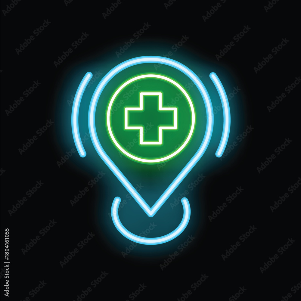 Obraz premium Neon sign is glowing with a medical cross symbol inside a location pin