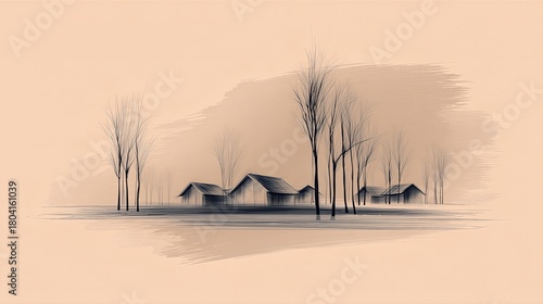 Sketch Style Rural Landscape With Bare Trees And Small Houses On Beige Background. Winter Countryside Scene Ideal For Rustic Seasonal Illustrations