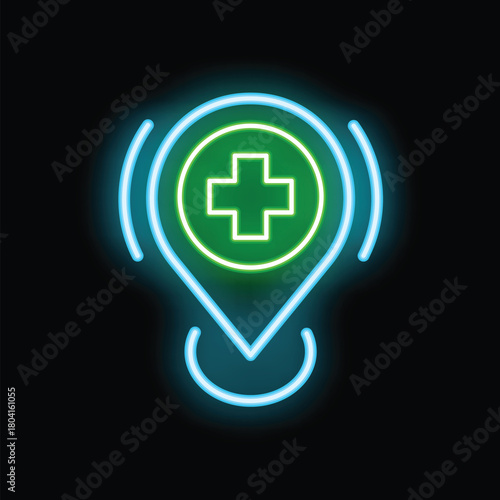 Neon sign is glowing with a medical cross symbol inside a location pin