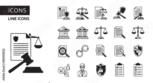 Set of justice and law line icons vector illustration for legal services isolated on white backgroun