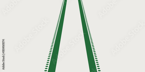 A perspective view of two parallel green lines with dots on a white background stretching into distance