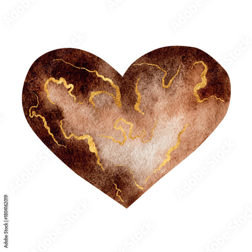Vector Watercolor brown Heart Freehand with golden elements . Black lives matter. Valentine's Day decoration. Nude and neutral colors. Hearty watercolour gold hand drawn
