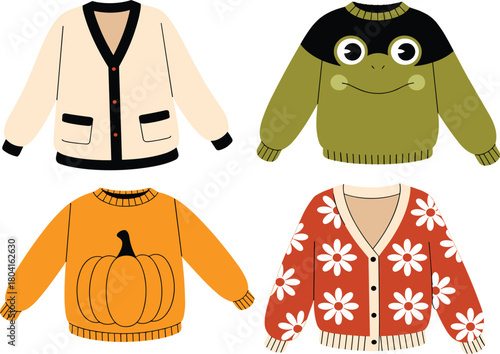 Cute knitted sweaters collection vector illustration, cozy autumn fashion apparel set, frog, pumpkin and floral pattern garments design