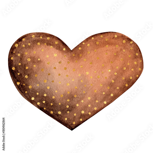 Vector Watercolor brown Heart Freehand with golden elements . Black lives matter. Valentine's Day decoration. Nude and neutral colors. Hearty watercolour gold hand drawn
