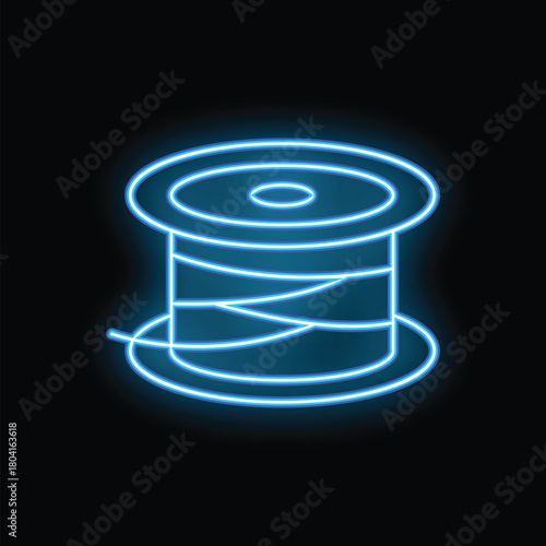Neon sign of a thread spool glowing blue, concept for sewing, tailoring or dressmaking