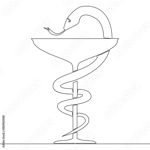 Continuous one single line drawing Medical symbol with bowl and snake representing healthcare and pharmacy icon vector illustration concept