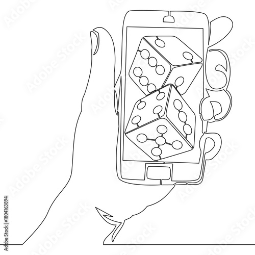 Continuous one single line drawing Hand holding smartphone with dice on screen symbolizing online gaming and gambling icon vector illustration concept