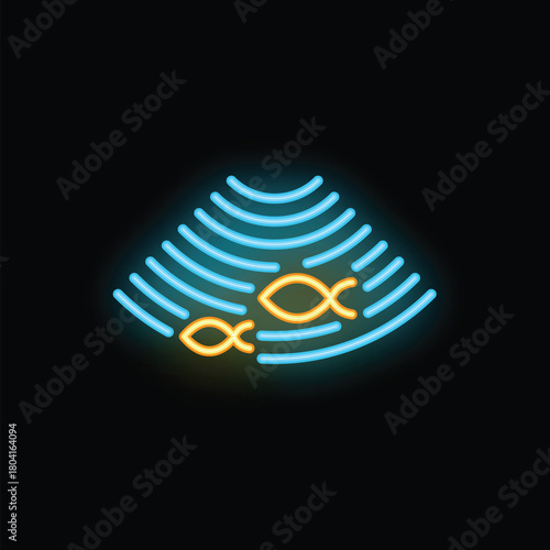 Neon icon of a fishfinder echo sounder showing the location of fish underwater