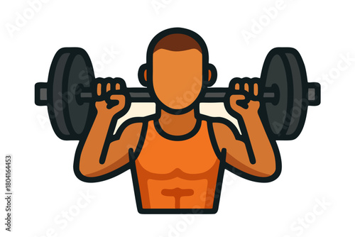 An artistic illustration of a muscular man character lifting a barbell in a gym setting, focusing on fitness and strength training, set against a light background.	