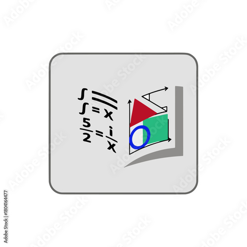 An illustration of an open book displaying mathematical equations on one page and geometric shapes on the other, representing education, learning, and knowledge.	