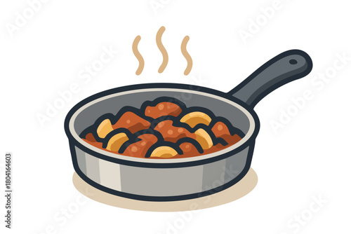 A charming illustration of a pan filled with hot, cooked food, perfect for menus, recipes, or culinary-themed projects. This design captures the essence of home cooking with a touch of warmth