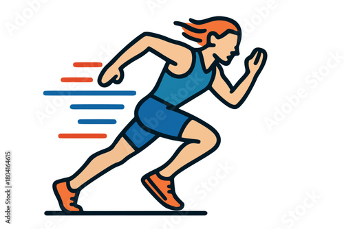 A colorful and modern illustration of a female runner in motion, representing speed, fitness, and athleticism. Ideal for designs related to sports, exercise, healthy lifestyle, and competition.	