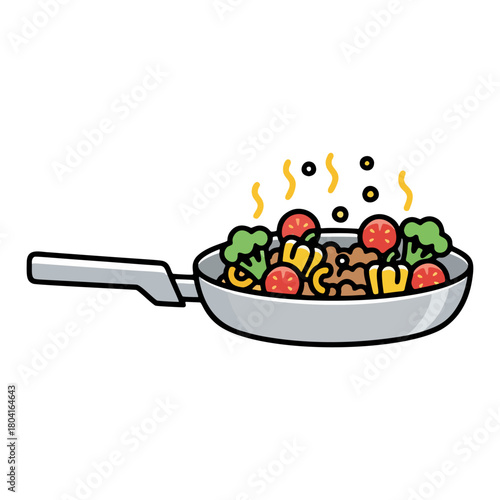 Illustration of a food pan with mixed ingredients such as meat, tomatoes, pasta, and broccoli getting cooked. Editable outline style illustration.	
