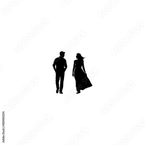 Silhouette of couple walking together, romantic date night or evening stroll in black and white