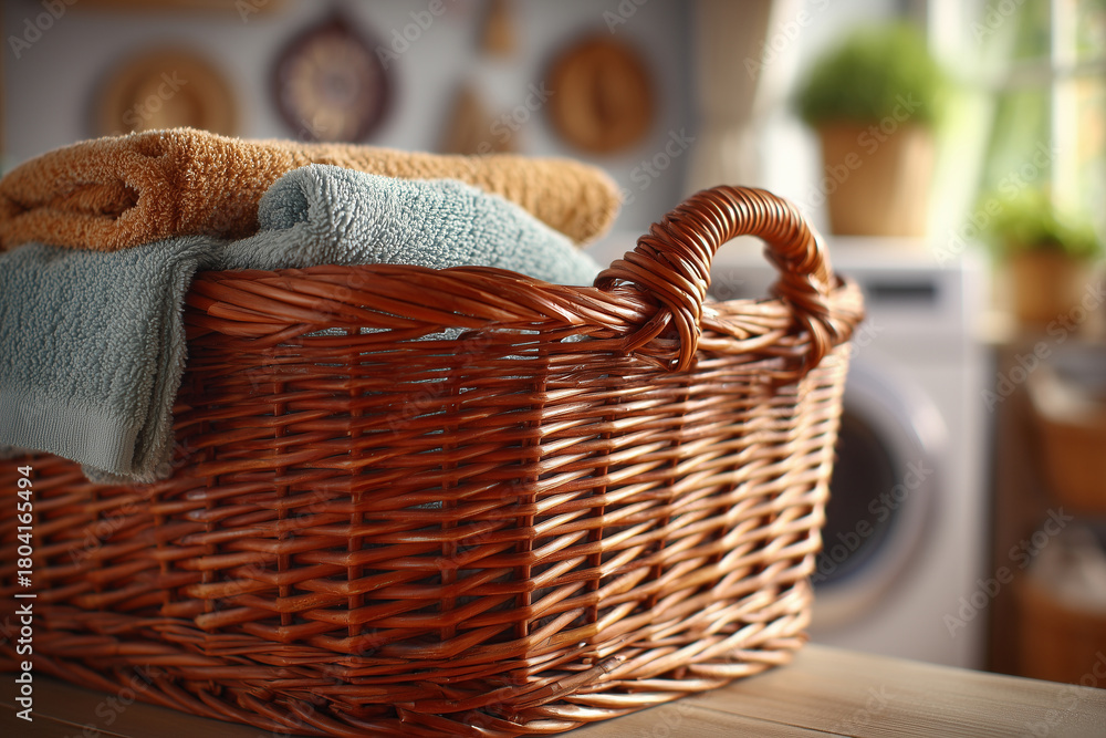 Obraz premium Wicker laundry basket with blurred home interior background