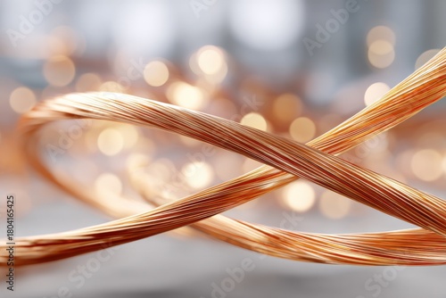 Close-up of twisting copper wires with bokeh background in warm lighting
