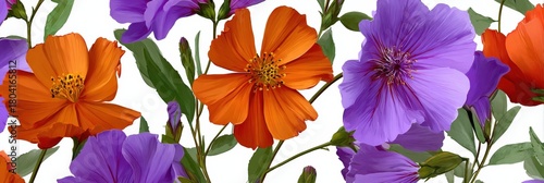 Wallpaper Mural Vibrant orange and purple flowers with green leaves on white background Torontodigital.ca