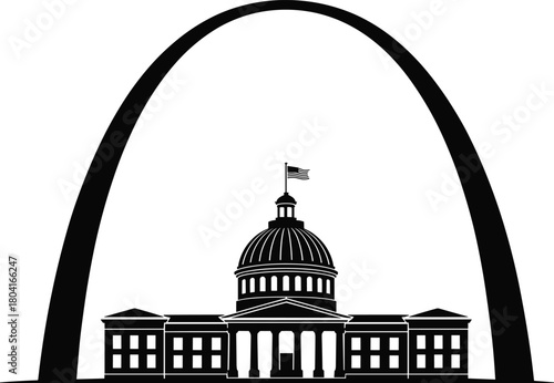 Gateway Arch St. Louis and Missouri State Capitol building silhouette vector, USA travel landmark architecture monochromatic design element background