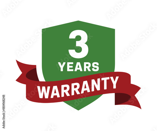A green shield with the number 3 and the text "3 YEARS WARRANTY" on a red ribbon.