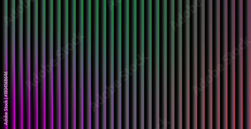 Dark Abstract Vertical Lines Background Subtle 3D Bar Pattern with Neon Light Gradient in Magenta, Green, and Purple EPS 10