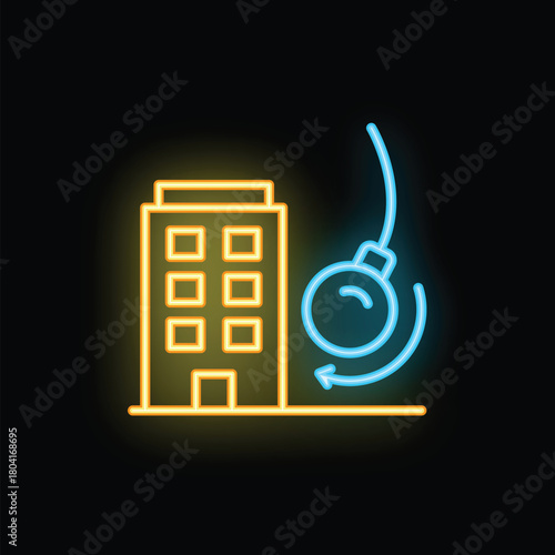 Neon sign of a wrecking ball swinging towards a building on a black background