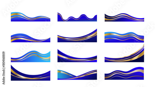 Blue and gold line borders set, luxury curved frame for banner or certificate isolated on white background, collection
