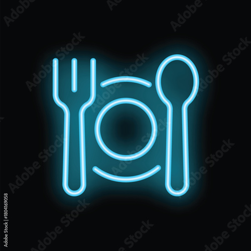 Blue neon sign depicting a place setting with a fork, spoon and plate glowing on a black background