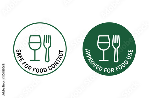 Two circular icons, one green and one white, indicating food safety and food contact approval.