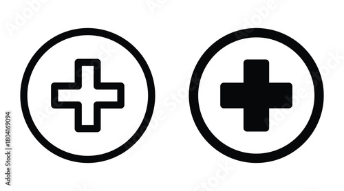 Black and White Plus Symbols in Circular Frames for Design and Graphics