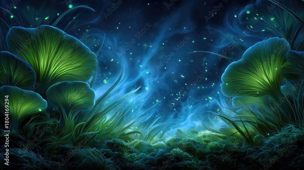 Obraz premium Fantasy Glowing Mushrooms In Mystical Blue Forest With Particles. Magical Night Scene For Fairy Tale, Dream, Fantasy, And Bioluminescent Design Concepts