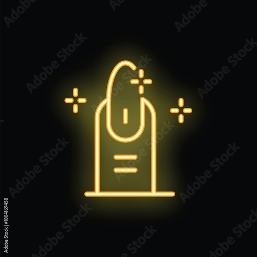 Shining golden neon icon of a polished nail with sparks, for beauty salons and manicurists