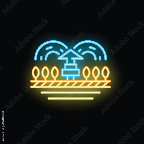 Neon style icon of an irrigation system watering plants in a field
