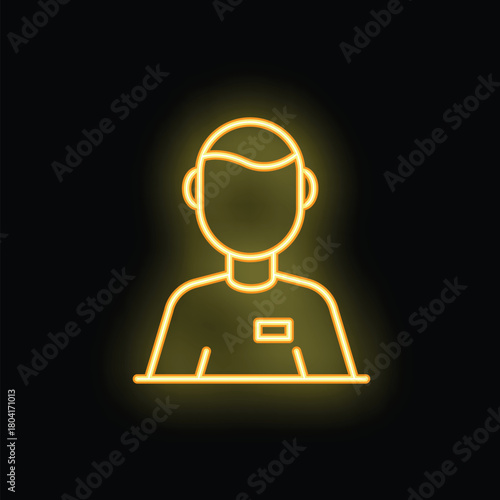Neon icon of a man wearing a name tag standing behind a counter or desk