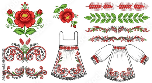 Intricate Hungarian Matyó Embroidery Vector Collection Traditional Matyó Rose and Floral Scrollwork