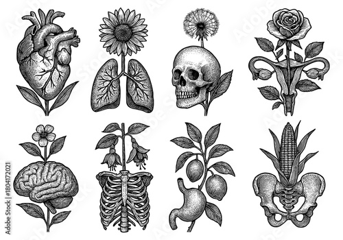 Intricate anatomical floral fusion: vintage tattoo art of organs and skulls with botanical elements