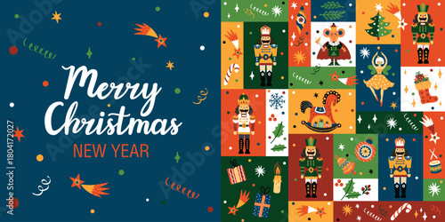 Festive banner with a cute Nutcracker. Poster. Christmas illustration. Interior poster. 
