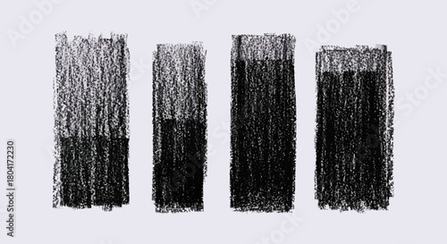 Four charcoal bars ascend from a white background, showing texture and shading, perfect for abstract art or data visualization concepts.