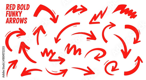 Dynamic collection of bold red funky arrows directing attention and guiding visually in a modern, energetic graphic design.