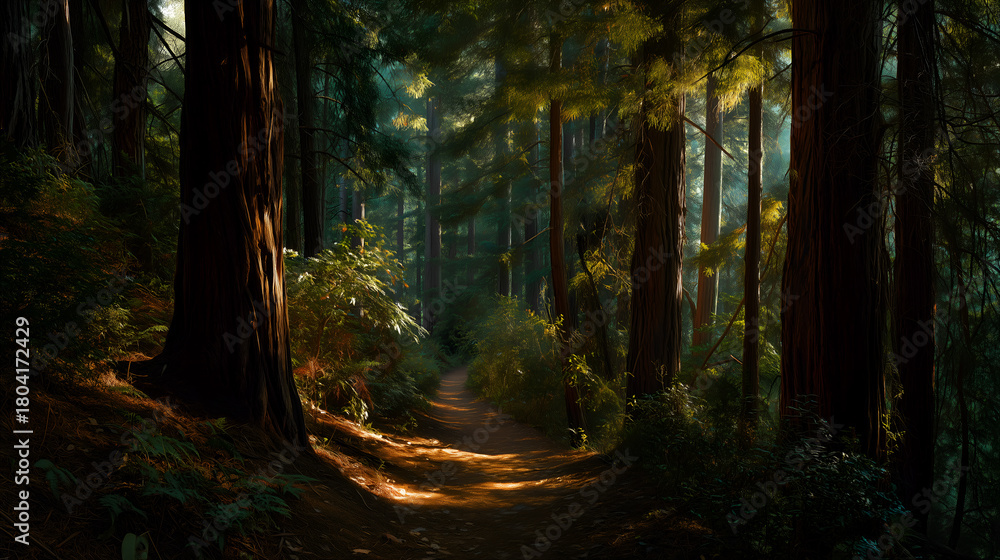 Fototapeta premium Narrow dirt trail through dense forest with sunbeams filtering through conifers. Ideal for editorial, nature, travel, or environmental photography themes.