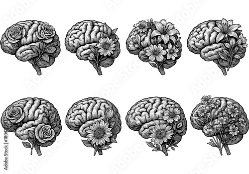 Intricate vintage floral brain designs showcasing mental and botanical harmony