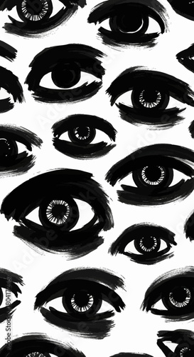 Bold black brushstroke eyes create a striking, modern artistic pattern perfect for fashion, design, or abstract concepts