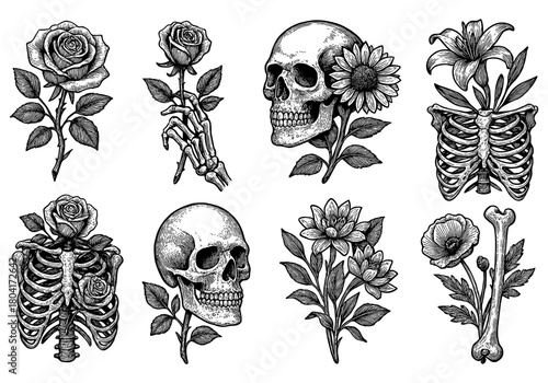 Intricate botanical and skull tattoo designs with floral elements