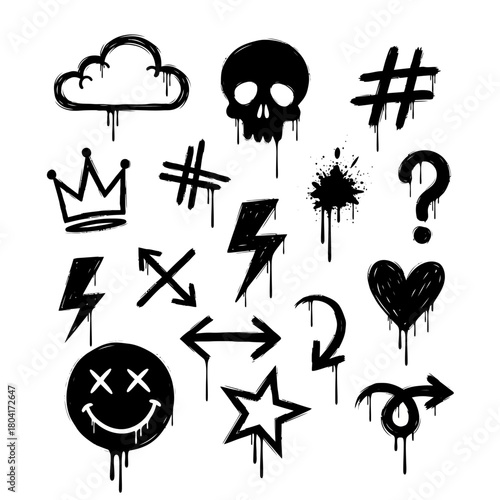 Dynamic drip graffiti icons capture rebellious spirit with bold black symbols like skulls, hearts, and lightning bolts for urban art projects.
