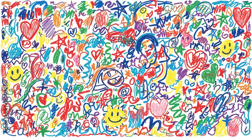 Vibrant and playful children's crayon drawing filled with colorful hearts, smiley faces, stars, and abstract doodles creating a cheerful, energetic background