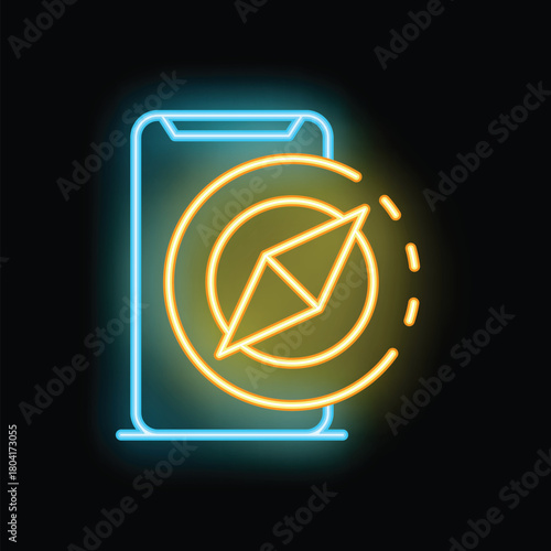Neon sign of a smartphone with a compass pointing north, symbolizing navigation apps and location services
