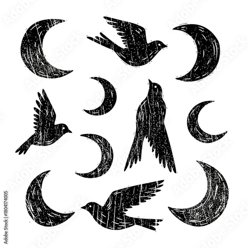 Mysterious black birds soar across a starry night sky filled with stylized crescent moons and celestial magic